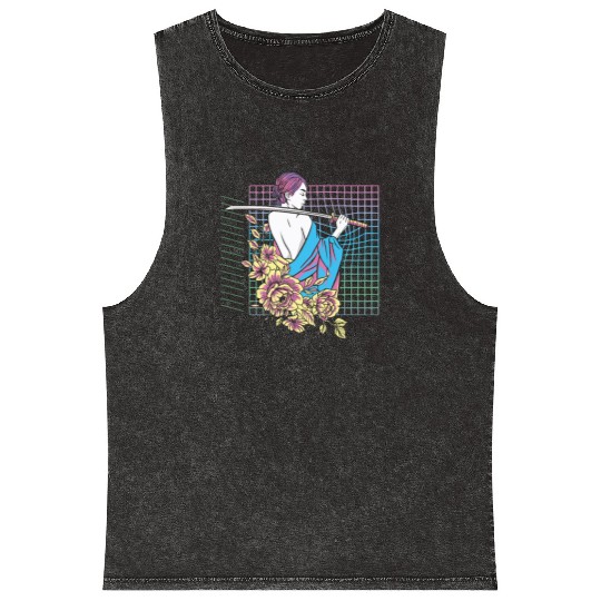 Vaporwave Samurai Fighter Anime Girl Mineral Wash Tank Tops