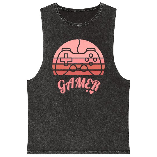 Pink Retro Gamer Valentine Day Mineral Wash Tank Tops