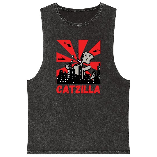 Catzilla funny cat Japanese Sunset Mineral Wash Tank Tops
