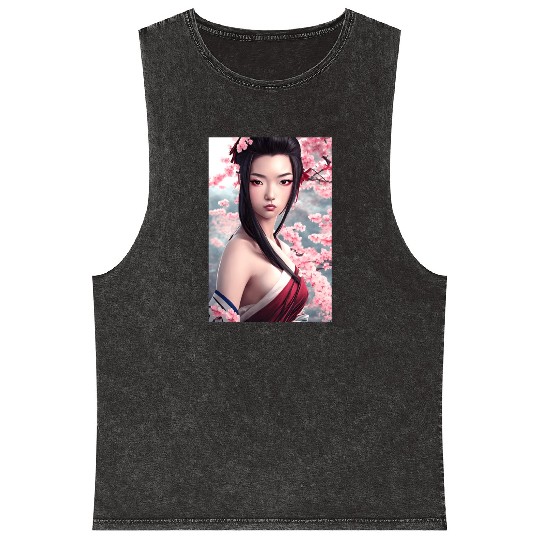 japanese geisha woman Japan wallart sakura pink Mineral Wash Tank Tops
