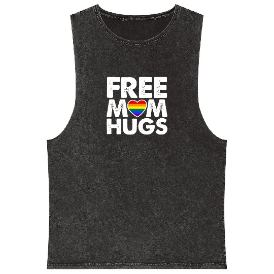 Free Mom Hugs, LGBT Rainbow Heart Mineral Wash Tank Tops
