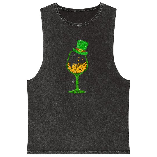 St Patricks Lucky Shamrock Wine Glass Mineral Wash Tank Tops