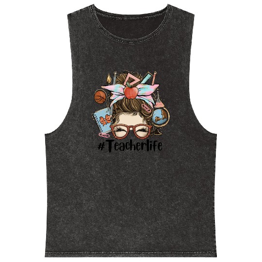 Messy Bun Teacher Life Sublimation Mineral Wash Tank Tops