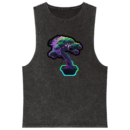 Synthwave Bonsai Tree Mineral Wash Tank Tops