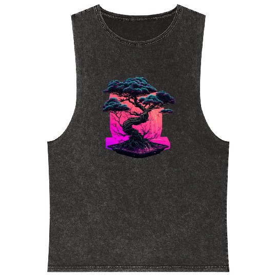 Synthwave Bonsai Tree Mineral Wash Tank Tops