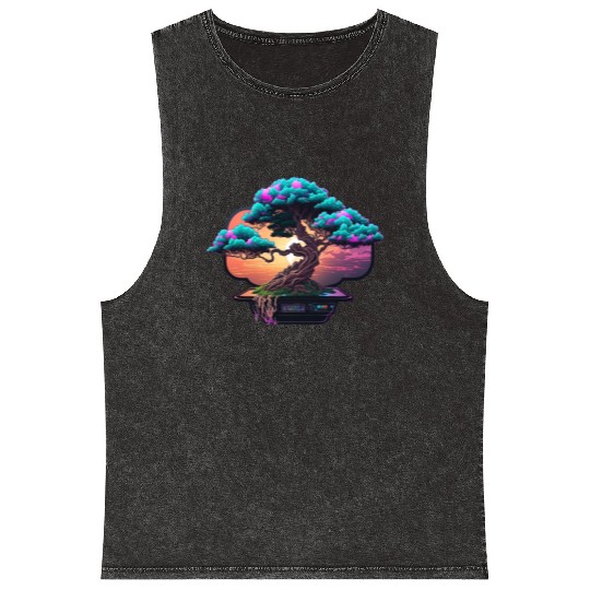 Synthwave Bonsai Tree Mineral Wash Tank Tops