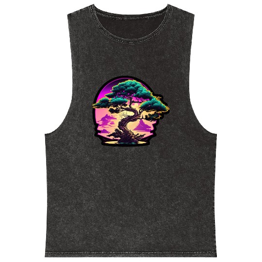 Synthwave Bonsai Tree Mineral Wash Tank Tops