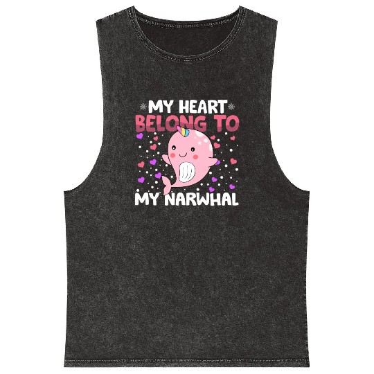 Valentines Day My Heart Belong to My Narwhal Boys Mineral Wash Tank Tops