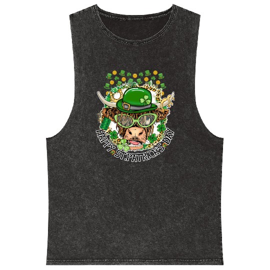 Happy St. Patrick's Day, Funny Cow, Hat and Gold Mineral Wash Tank Tops