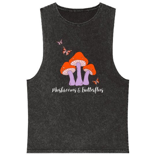 Mushrooms Butterflies Design Mineral Wash Tank Tops