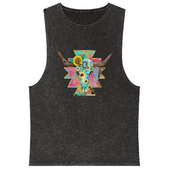 Colorful Floral Bull Skull Mineral Wash Tank Tops