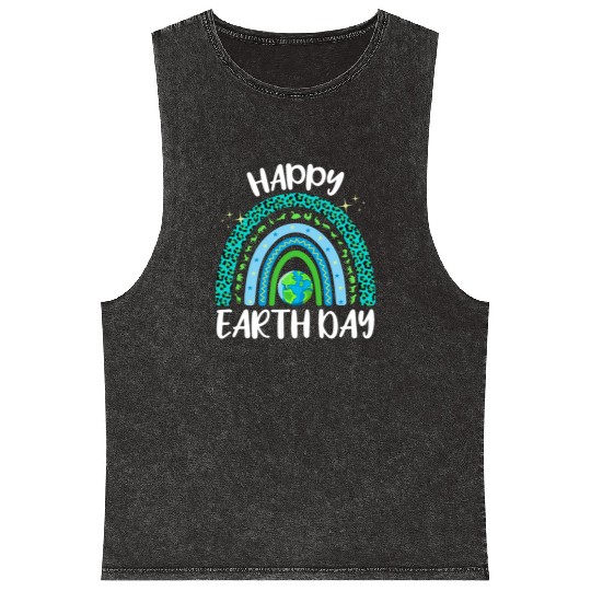 Happy Earth Day Planet with Rainbow Mineral Wash Tank Tops