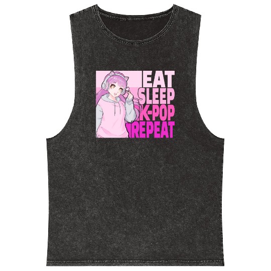 Eat Sleep K-POP Repeat Kawaii Korean Anime Girl Mineral Wash Tank Tops