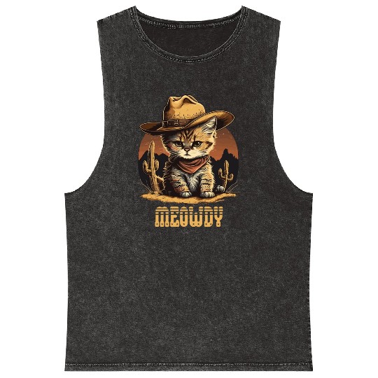 Meowdy - Funny Mashup Between Meow and Howdy - Cat Mineral Wash Tank Tops