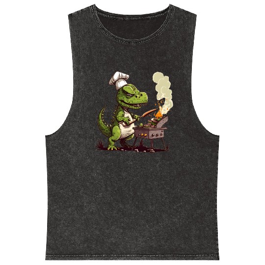Baby Dinosaur Using A Charcoal Grill Cooking Meat Mineral Wash Tank Tops