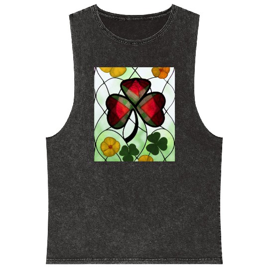 Red plaid Shamrock with Yellow Poppies (AI Art) Mineral Wash Tank Tops