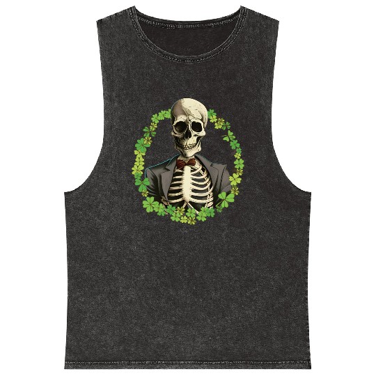 Skeleton Vintage Retro Creepy Cute Shamrock Mineral Wash Tank Tops