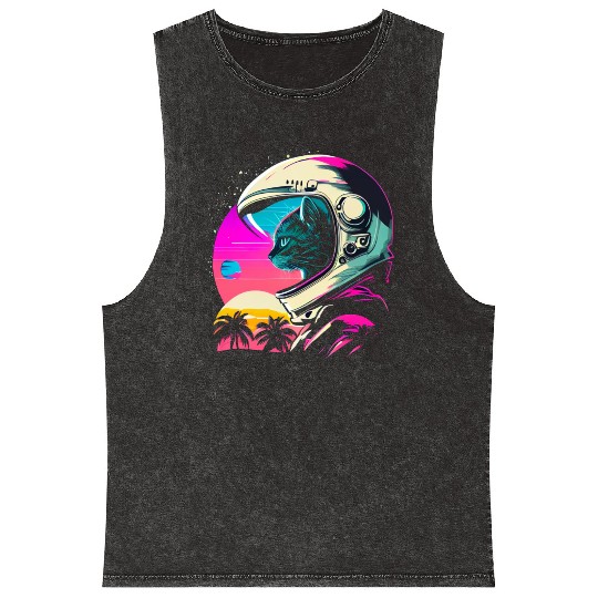 Aesthetic Vaporwave Space Cat 80s 90s Astronaut Mineral Wash Tank Tops