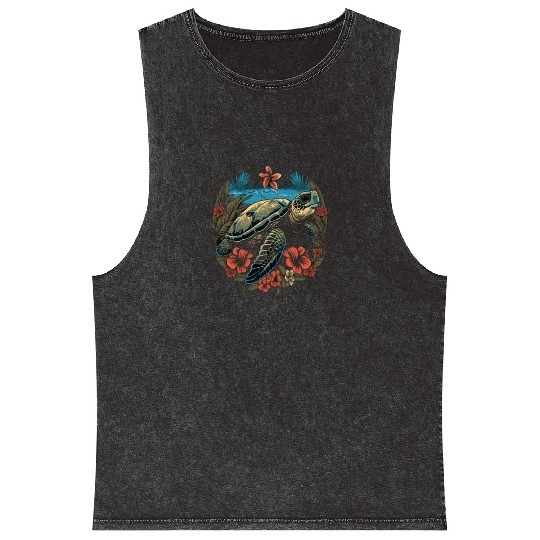 Turtle Hawaiian Sea Turtles Hibiscus Flower Mineral Wash Tank Tops