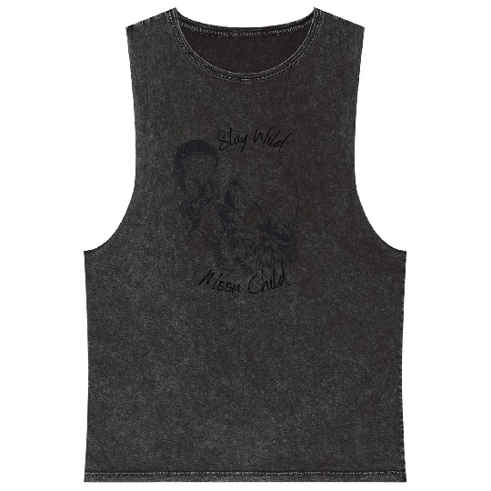 Stay Wild Moon Child Wolf Howling at Moon Goddess Mineral Wash Tank Tops