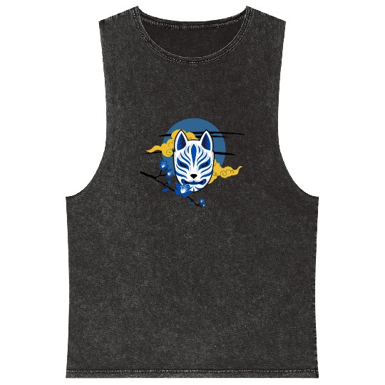 Black and Blue Japanese Kitsune Mask Mineral Wash Tank Tops