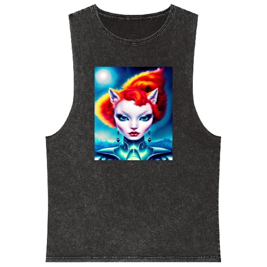 "Alien Cat Woman" Mineral Wash Tank Tops