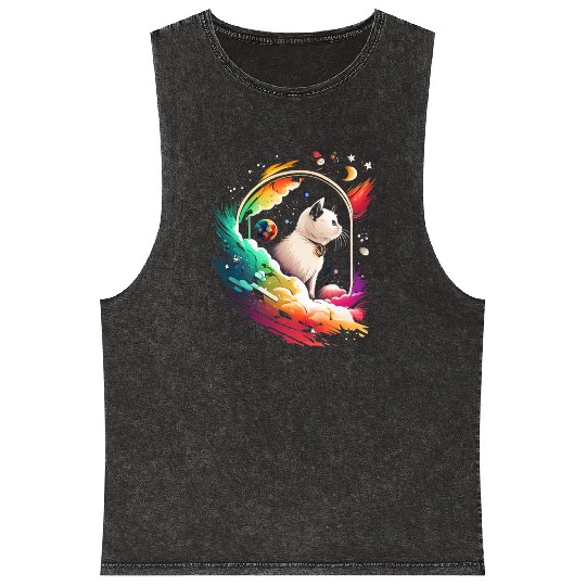 Space Cat on Galaxy Cat Lover Mineral Wash Tank Tops