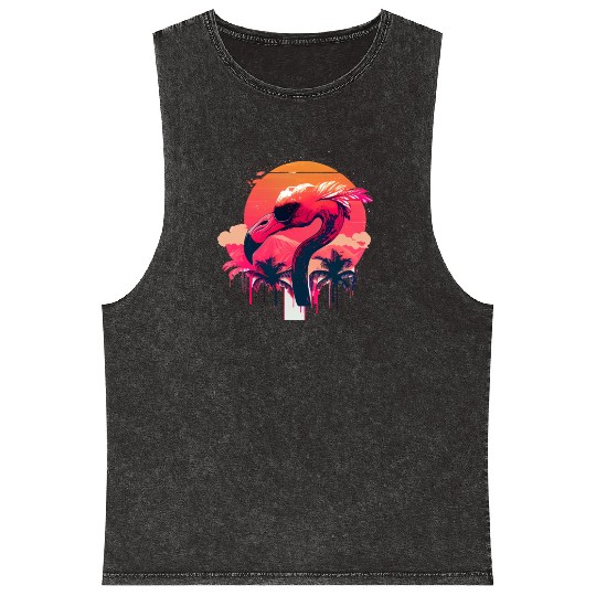 Retro Sunset Pink Flamingo Summer Design Flamingo Mineral Wash Tank Tops