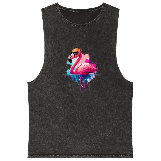 Retro Sunset Pink Flamingo Summer Design Flamingo Mineral Wash Tank Tops