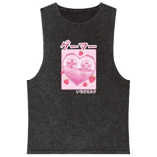 Video Gamer Japanese Kawaii Strawberry Milk Anime Mineral Wash Tank Tops