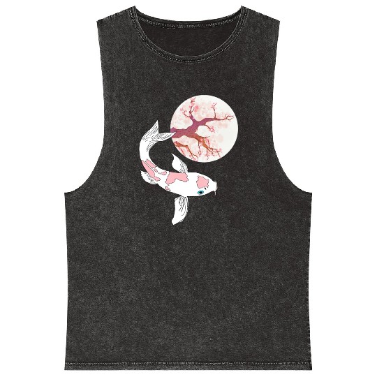 Koi Sakura Tree Moon Cherry Blossom Nishikigoi Jap Mineral Wash Tank Tops