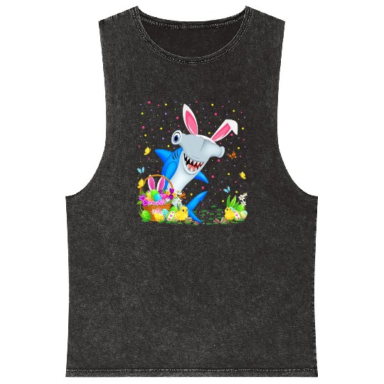 Shark Fish Easter Egg Hunting Hammerhead Shark Eas Mineral Wash Tank Tops