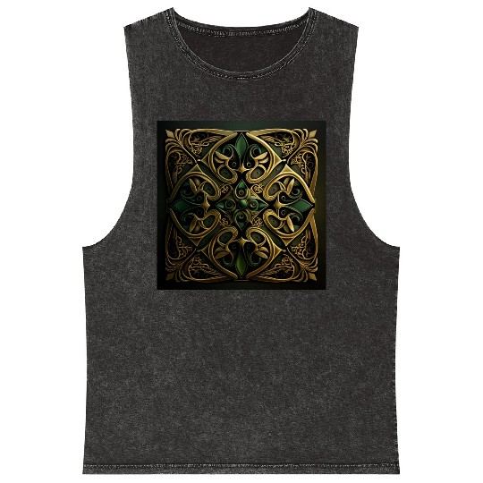 Green Bronze Ornamental Plaid Decoration Pattern Mineral Wash Tank Tops