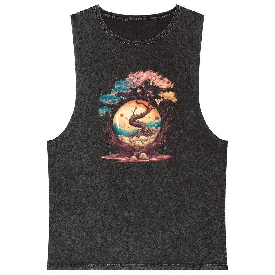 Japanese tree of life cherry blossom flowers Japan Mineral Wash Tank Tops