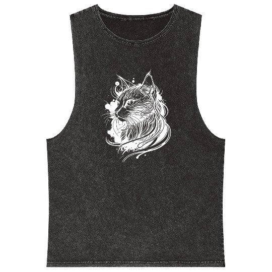 Cute Space Cat In Tattoo Style Mineral Wash Tank Tops