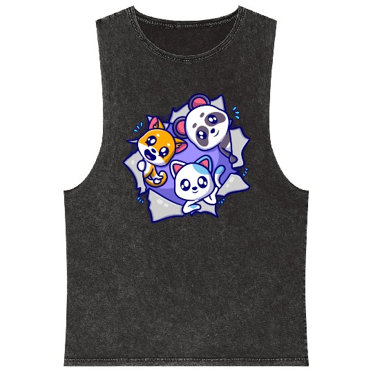 cute animal cartoon icon illustration Mineral Wash Tank Tops