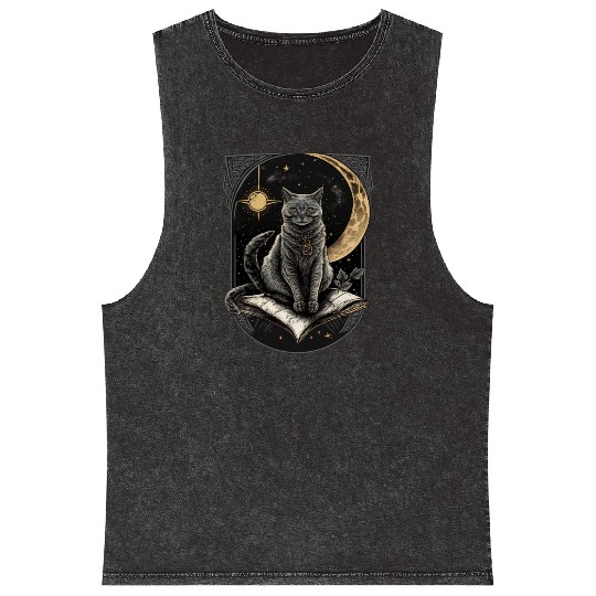 The Moon Tarot Card Celestial Cat Occult Ritual Mineral Wash Tank Tops