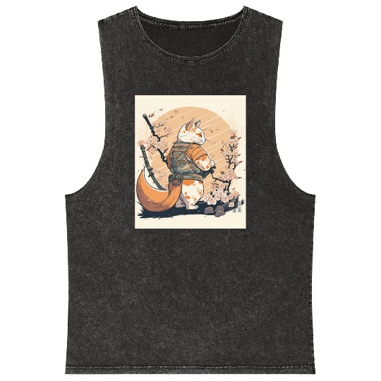 samurai katana cat vintage Mineral Wash Tank Tops