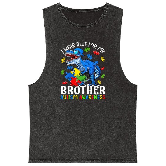 I Wear Blue For My Brother Autism Awareness T-Rex Mineral Wash Tank Tops