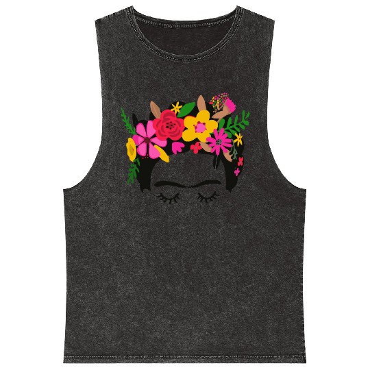 Frida Kahlo Illustration Floral Boho Style Mexican Mineral Wash Tank Tops