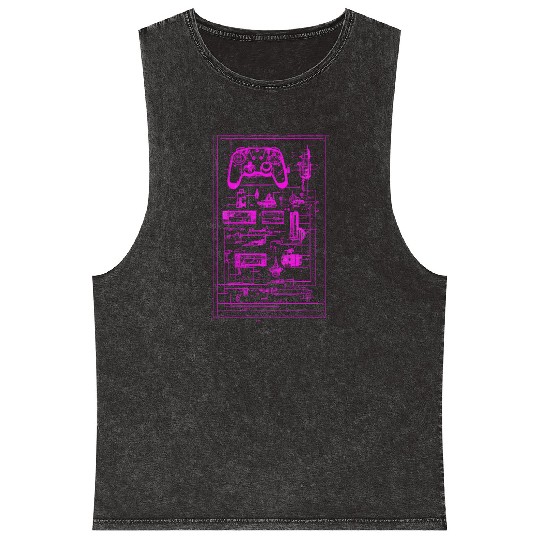 Neon Pink Video Game Controller Blueprint Mineral Wash Tank Tops