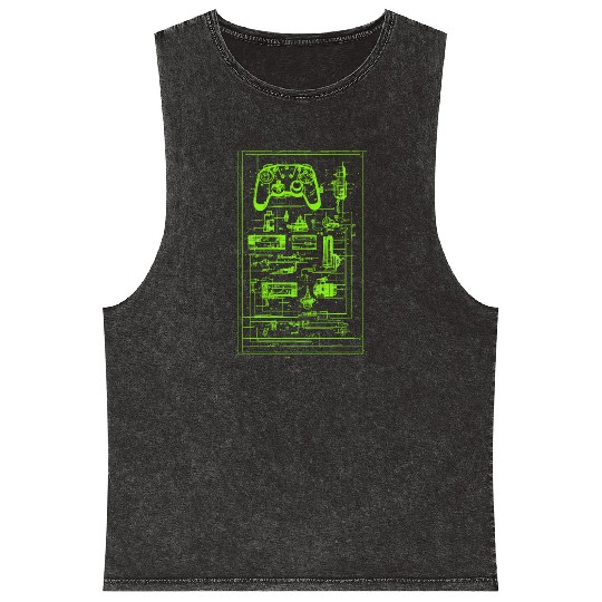 Neon Green Video Game Controller Blueprint Mineral Wash Tank Tops
