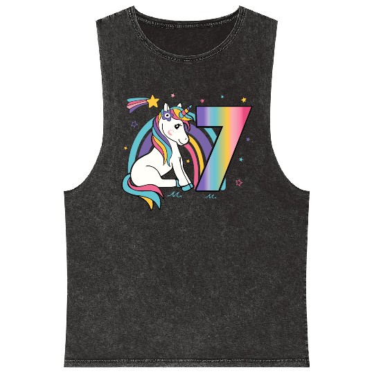 7th birthday Girls Unicorn Mineral Wash Tank Tops