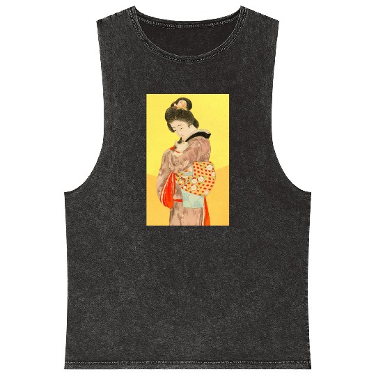 Geisha in Kimono with Cat Retro art Mineral Wash Tank Tops