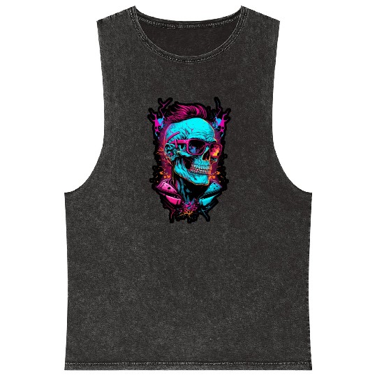 Hipster retro 80s skull neon trend punk metal rock Mineral Wash Tank Tops