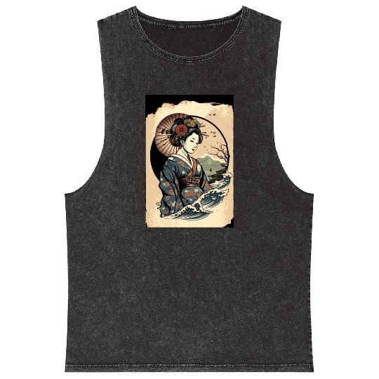 Geisha Watercolor Sea Waves Asian Art Woman Poster Mineral Wash Tank Tops
