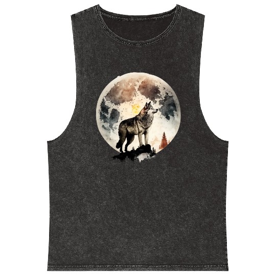 Wolf Moonlight Forest Wild Werewolf Watercolor 4 Mineral Wash Tank Tops