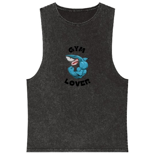 Blue Illustrated Shark Gym Lover Mineral Wash Tank Tops