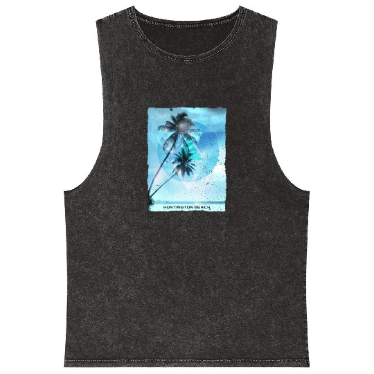 Artistic Huntington Beach California Palm Tree Mineral Wash Tank Tops