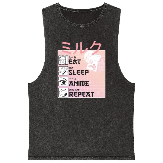 Eat Sleep Anime Repeat Straweberry Milk Japanese Mineral Wash Tank Tops